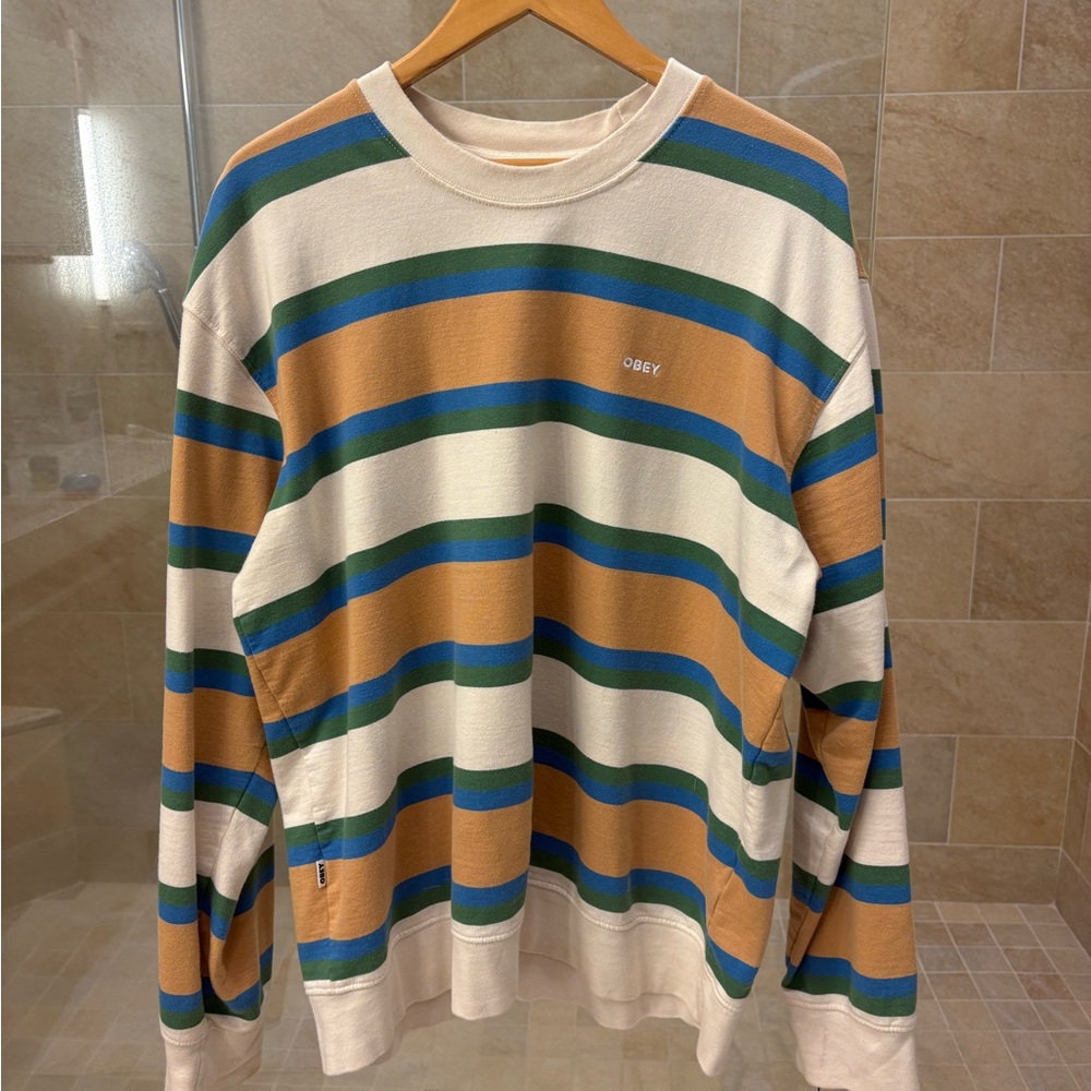 Obey Tan and Blue Crewneck Sweater Relaxed Fit